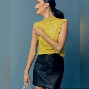 Anthropologie Mock Neck Sequin Chartreuse Sleeveless Blouse